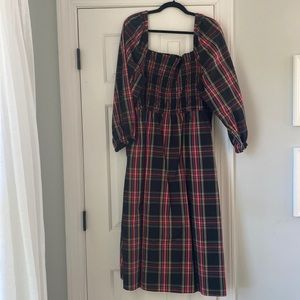 J Crew midi smocked plaid dress
